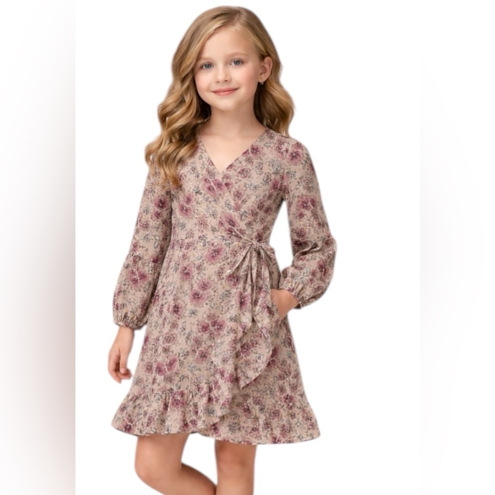 Three Pink Hearts Floral Wrap Dress Gold Foil Long Sleeve Size L